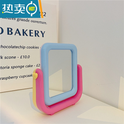 敬平*漂亮的小姨妈*可爱拼色马卡龙双面镜化妆镜学生宿舍便携台式镜子 蓝色马卡龙镜子(玫+黄)便携式用镜