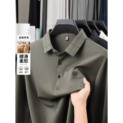 秋冬新款长袖T恤中年衬衫领Polo衫纯色基础百搭打底衫含绵羊毛T恤