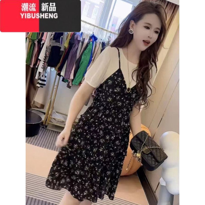 YIBUSHENG假两件碎花连衣裙女季新款短袖t恤拼接吊带裙时尚百搭减龄A字裙