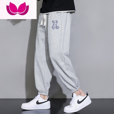 七斓休闲裤男夏季薄款卡通印花宽松潮牌ins灰色卫裤运动高街九分裤子