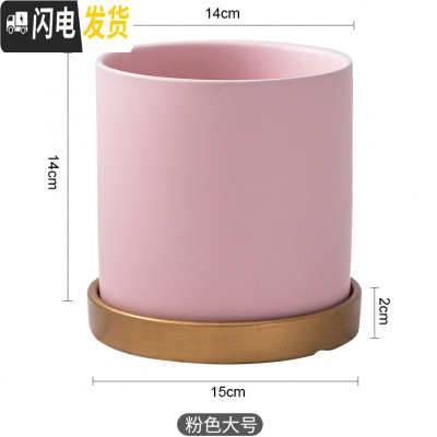 三维工匠陶瓷花盆哑光北欧黑白粉灰墨绿色圆柱形多肉盆绿萝鲜花盆栽带托盘 粉色大号14cm(配托盘) 中等花盆容器