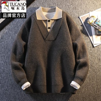 啄木鸟假两件混纺毛衣男2025新款秋冬季衬衫领肌理感针织衫毛衫潮