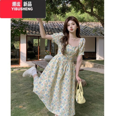 YIBUSHENG大码法式方领碎花短袖连衣裙女2023年季新款胖mm收腰显瘦中长裙