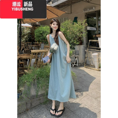YIBUSHENG法式森系褶皱无袖连衣裙女季慵懒风宽松背心长裙海边度假沙滩裙
