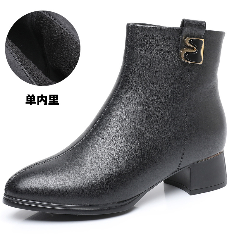 真皮妈妈鞋粗跟中跟加绒短靴女防滑复古秋冬季皮鞋女保暖棉鞋