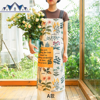 美式田园植物情侣无袖布艺家居厨房烘焙围裙做饭男女围腰厨师罩衣 三维工匠