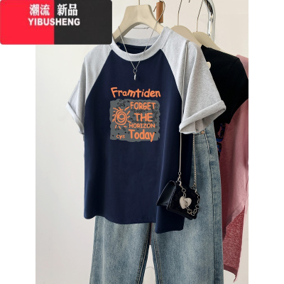YIBUSHENG小个子韩系休闲风短袖T恤女装2024新款季ins拼接插肩袖上衣