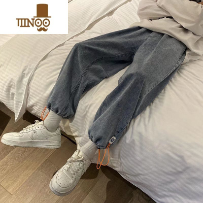 YANXU抽绳束脚九分牛仔裤男秋季复古潮流休闲百搭潮牌痞帅宽松学生裤子
