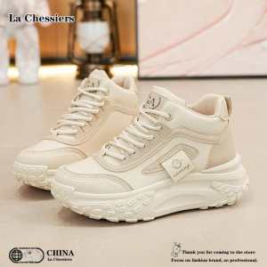 La Chessiers户外跑步鞋女2025年春秋新款女鞋飞织网面透气休闲小白鞋运动老爹鞋 卡其 38码