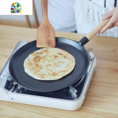 家用烙饼锅煎手抓饼平底锅煎饼锅鏊子铸铁煎饼果子无涂层生铁煎锅 FENGHOU 木柄煎盘28CM送:工具