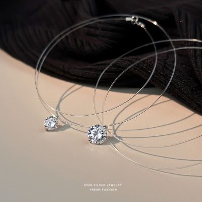 S925纯银人鱼之泪莫桑石项链女生精致锆石隐形鱼线小众百搭锁骨链送女朋友老婆情人节七夕生日礼物