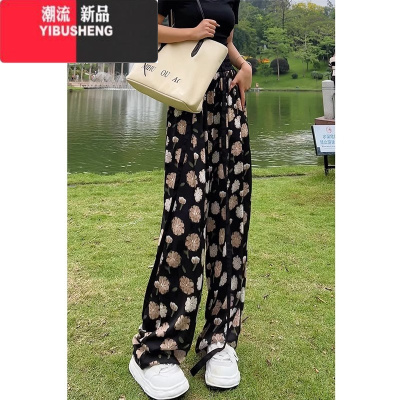 YIBUSHENG碎花印花飘带阔腿休闲裤女2024年季薄款宽松直筒长裤沙滩防蚊裤