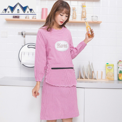 棉围裙韩版厨房防污长袖罩衣成人围腰花边口袋英文图案女工作服 三维工匠