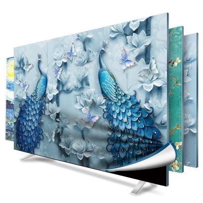 幸福派 中式印花挂式电视机罩防尘罩布艺壁挂液晶55寸电视罩防尘罩电视套 030蓝孔雀 46-48寸(110*65cm)