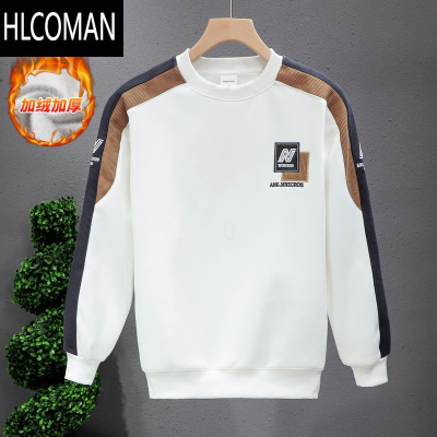 HLCOMAN2024年货拼接撞色刺绣卫衣男加绒加厚款百搭长袖T恤男装上衣