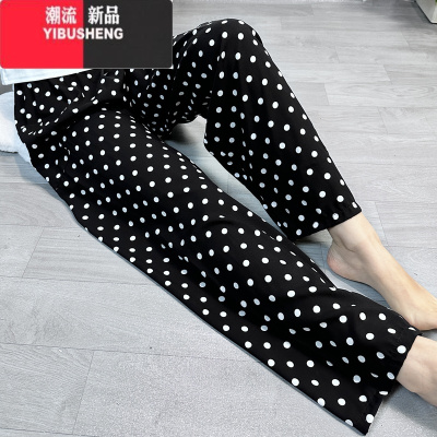 YIBUSHENG新款圆点睡裤女棉绸沙滩绵绸长休闲裤家居人造棉空调月子直筒裤