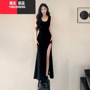 YIBUSHENG装搭配一整套2024新款黑色吊带背心连衣裙子女季开叉包臀长裙
