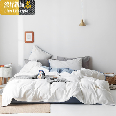 北欧风棉四件套双拼棉水洗棉床笠被套1.2m床单三件套床上用品 三维工匠