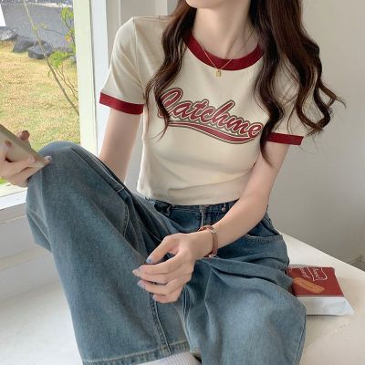 含棉 短袖T恤女短款修身紧身设计感小众夏季美式复古纯欲辣妹上衣