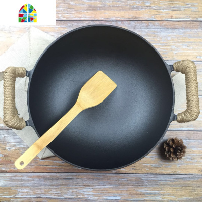 双耳炒锅加厚熟铁生铁圆底平底燃气电磁灶通用无涂层家用锅 FENGHOU 40cm圆底炒锅+杉木盖+竹子菜铲圆底送麻绳