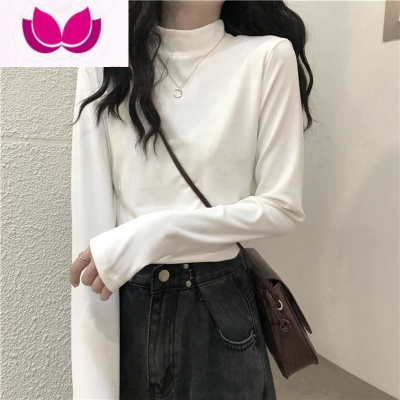七斓磨毛加厚半高领白色打底衫春季2023新款加绒内搭长袖T恤上衣女装