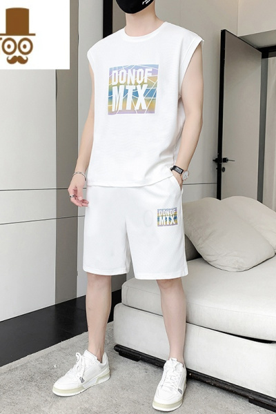 YANXU夏装短袖t恤休闲运动套装男士夏季无袖坎肩背心男装搭配一套帅气