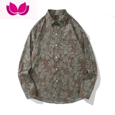 七斓港风vintage复古油画长袖衬衫男百搭潮流花衬衣宽松情侣痞帅外套