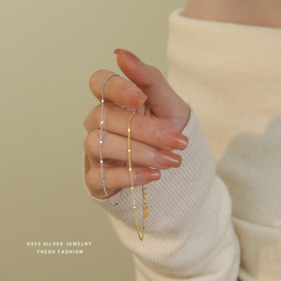 简约小清新圆形闪片手链女s925纯银小众百搭时尚学生日韩手饰批发送女朋友老婆情人节七夕生日礼物