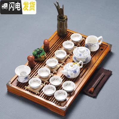 三维工匠 紫砂整套功夫茶具套装家用实木茶盘抽屉式茶杯茶道茶台 玲珑茶具+荷香幽梦[原木色] 27件