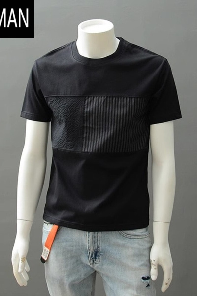 HLCOMAN欧货高端短袖t恤男士夏季新款圆领设计感潮流拼接纯色半袖打底衫