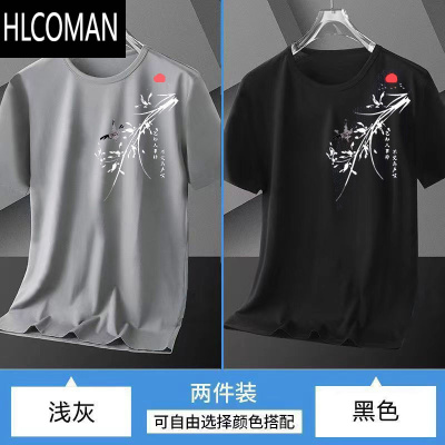 HLCOMAN冰丝男t恤宽松加大码潮流百搭夏季2024新款圆领短袖男士透气体恤