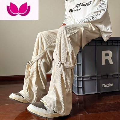 七斓美式灯芯绒工装裤男款冬季设计感小众飘带休闲裤潮牌直筒阔腿长裤