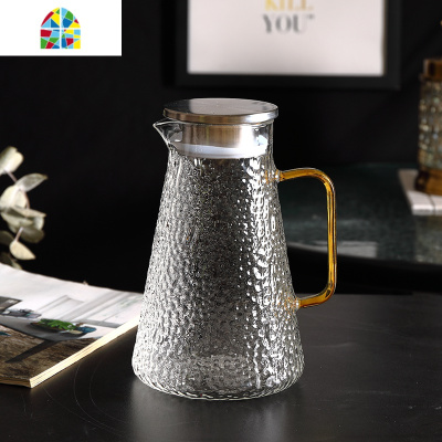 北欧风冷水壶家用玻璃凉白开水壶凉水杯套装创意耐热高温水壶客厅 FENGHOU 1壶方柄+6锤纹高杯+描金托盘配6勺凉水壶