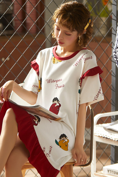睡裙女夏季棉质短袖薄款中长款睡衣韩版可爱卡通家居服连衣裙