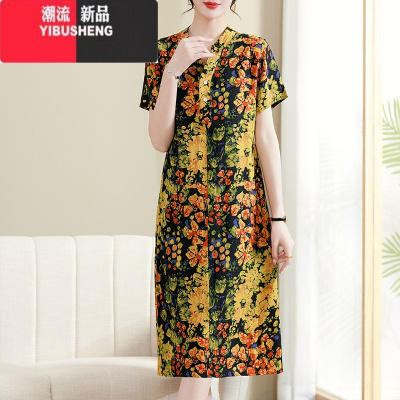 YIBUSHENG高端新款季棉绸连衣裙年轻款天气质外穿高级感妈妈人造棉裙子