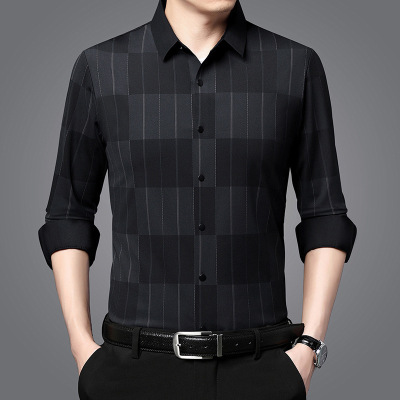 男士无痕衬衫秋季新款商务休闲中年爸爸长袖格子衬衣男
