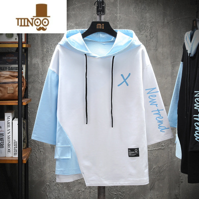 YANXU夏季连帽七分袖卫衣男潮流韩版宽松短袖t恤男学生ins大码7五分袖