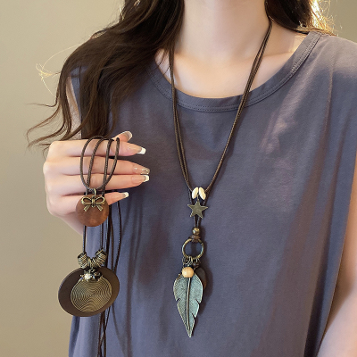 新中式长款羽毛卫衣项链女秋冬复古民族风叠戴毛衣链小众设计配饰送女朋友老婆情人节七夕生日礼物