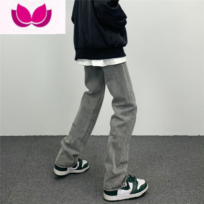 七斓美式高街复古烟灰色牛仔裤男VIBE直筒宽松拖地垂感字母长裤ins潮