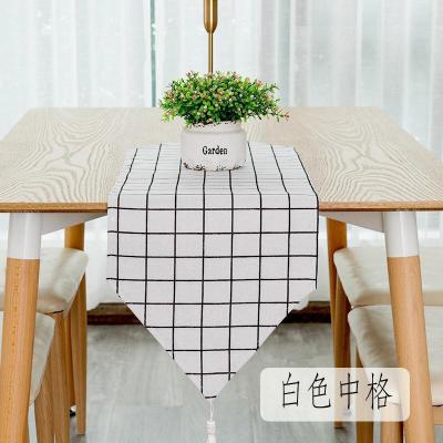 北欧桌旗 棉麻家用桌布电视柜长桌旗欧式茶几现代简约轻奢床旗 白色中格 30*100cm(适合60cm左右小桌或柜子)