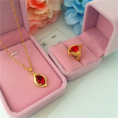 新款女士沙金项链铜镀金镶红宝石吊坠项链仿黄金久不掉色欧币首饰送女朋友老婆情人节七夕生日礼物