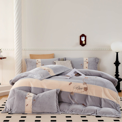 悠梦嘉居叶曼牛奶绒四件套秋冬加绒套件刺绣款拼接轻奢高克重款1.5/1.8床通用保暖御寒强YJ-14563