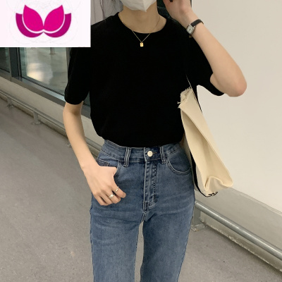 七斓圆领短袖白色t恤女2023年春款韩版修身显瘦打底正肩上衣