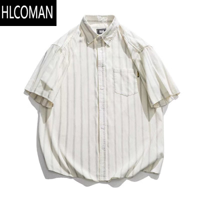 HLCOMAN日系复古cityboy条纹衬衫短袖男夏季宽松男装休闲工装衬衣外套潮