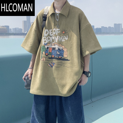 HLCOMAN美式高街绒polo衫男短袖夏季潮牌卡通印花宽松翻领半袖t恤男
