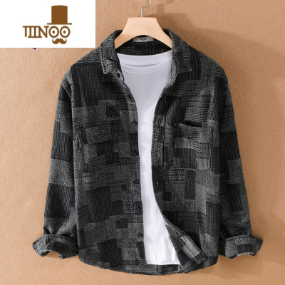 YANXU日系复古休闲男士牛仔工装衬衫潮流宽松外穿格子衬衣外套