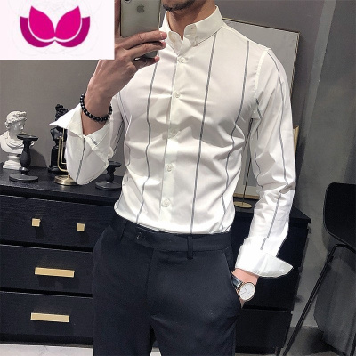 七斓商务正装条纹衬衫男长袖韩版潮流帅气男士白衬衣休闲潮牌男装