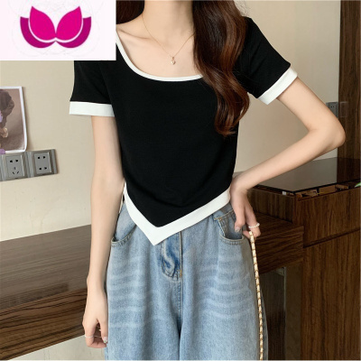 七斓复古港味方领正肩拼接短袖T恤女夏季小众设计感短款辣妹穿搭上衣