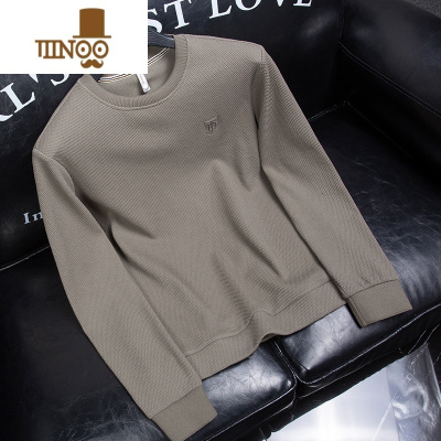 YANXU甄选提花菠萝纹 薄款咖色弹力圆领卫衣男修身潮牌长袖t恤男