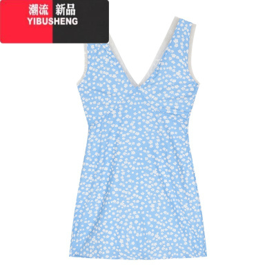 YIBUSHENG蓝色碎花v领背心连衣裙女装季度假修身短裙叠穿无袖收腰a字裙子